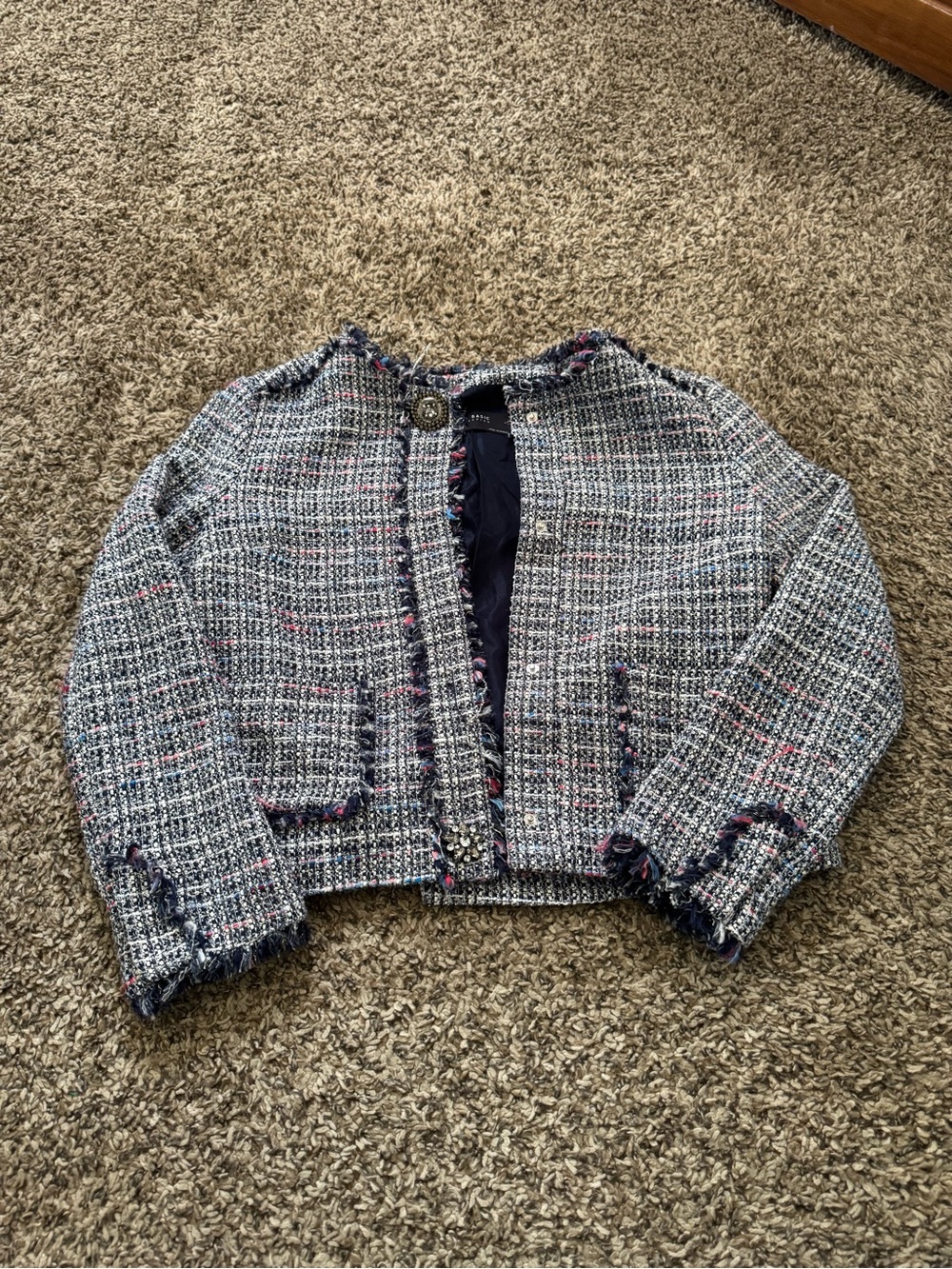 Zara Navy Multi Tweed Fringed Blazer